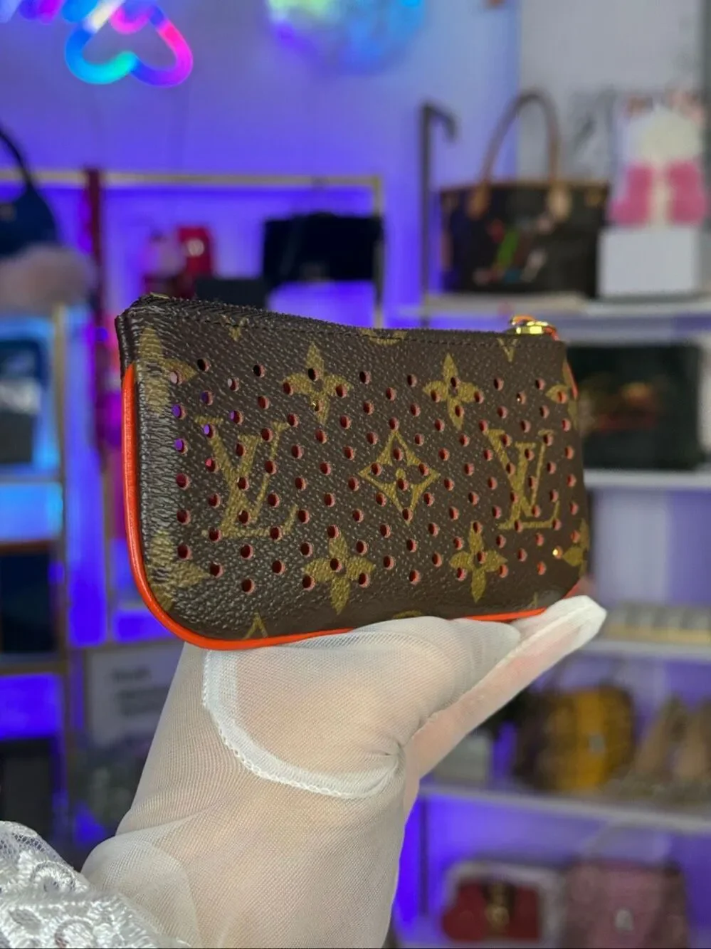 NIB Louis Vuitton Perforated Pochette Cles Orange Monogram Canvas Leather Wallet